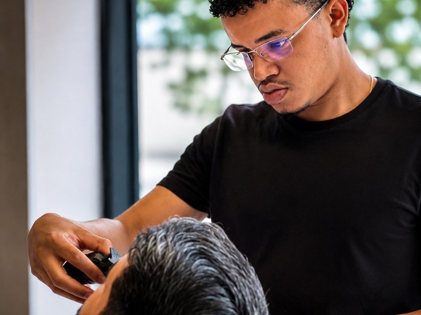 Barbeiro de óculos acertando o corte de um cliente na cadeira bordô